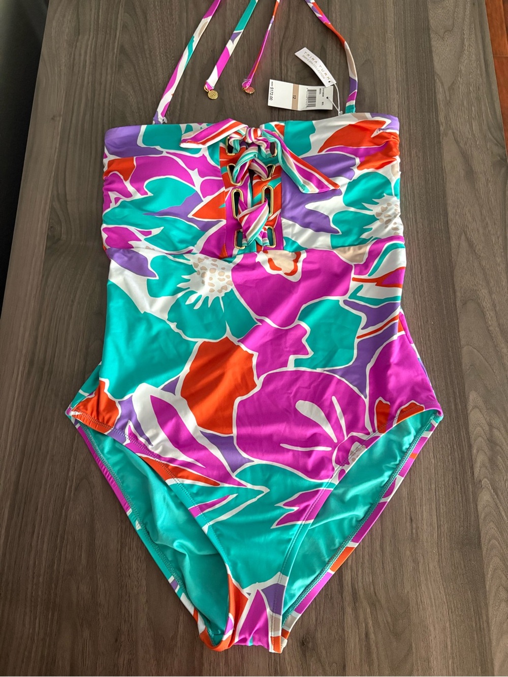 Trina Turk Floral Halter One-Piece Swimsuit in Pink Teal Orange - Picture 5 of 16